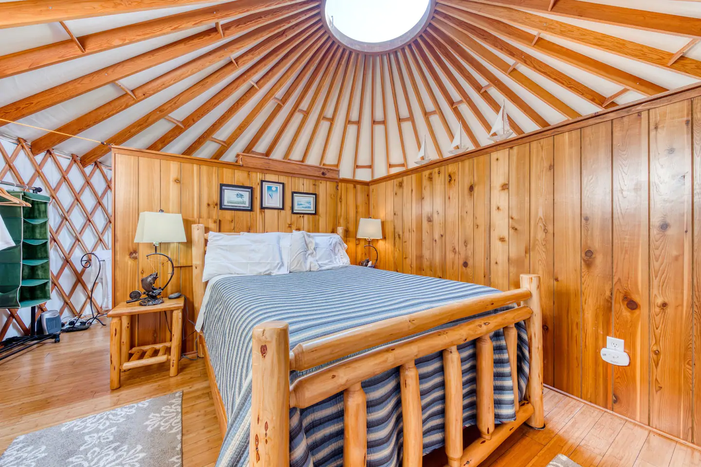 Sleep on a beautiful queen-sized handcrafted alder bed beneath a glass dome to watch the moon and stars pass overhead.