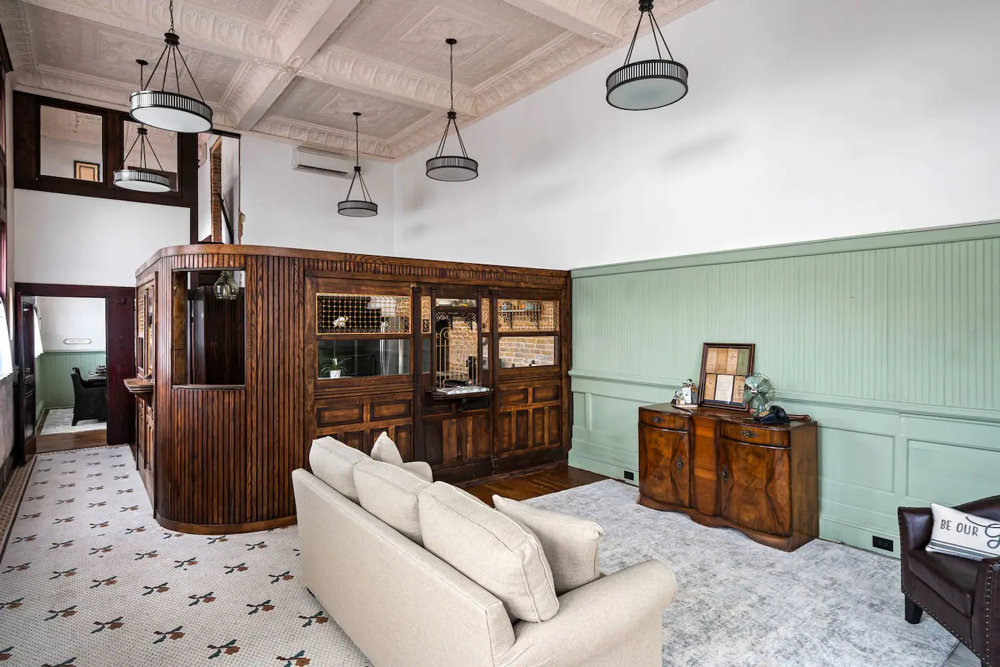 The bank lobby was transformed into a living room