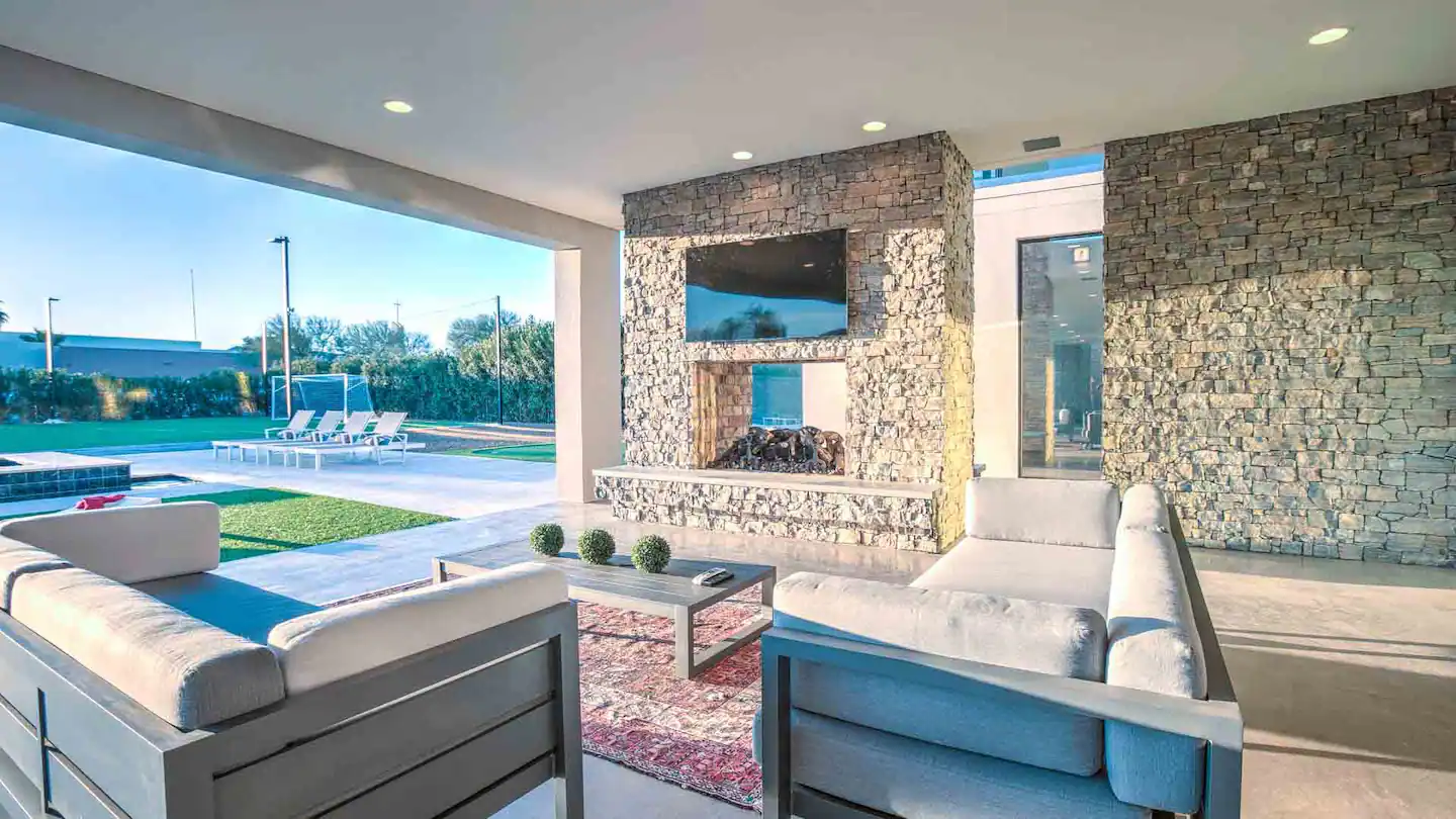 Outdoor seats and a fire pit