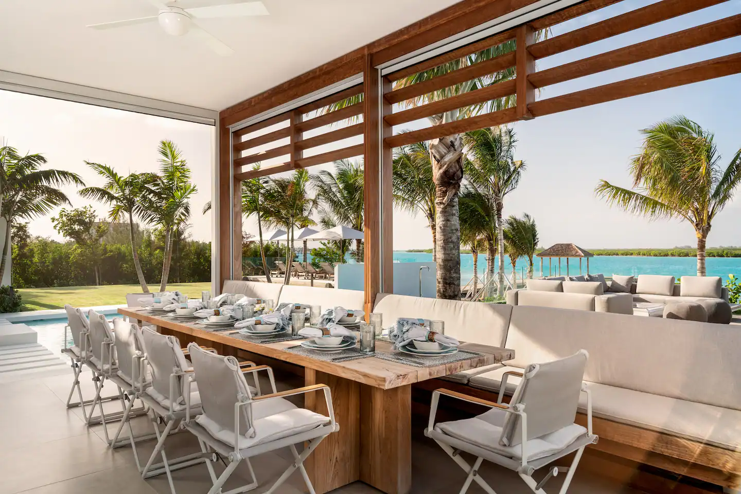 The spacious outdoor area is equipped with dining necessities.